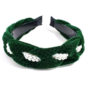 Green velvet braided headband with pearls